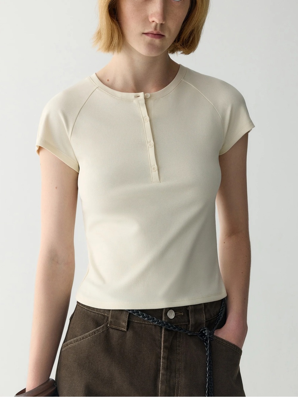 NWOT Insis Femme Ribbed Henley Tshirt cream small